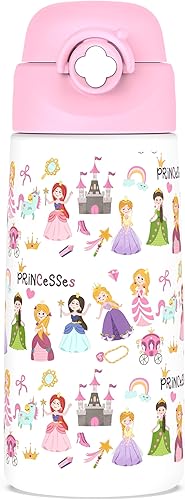 Miniatura 7 de Botella de agua aislada para niñas con popote desplegable cubierto, vasos para niños de 16 onzas con acero inoxidable a prueba de fugas para la B11.