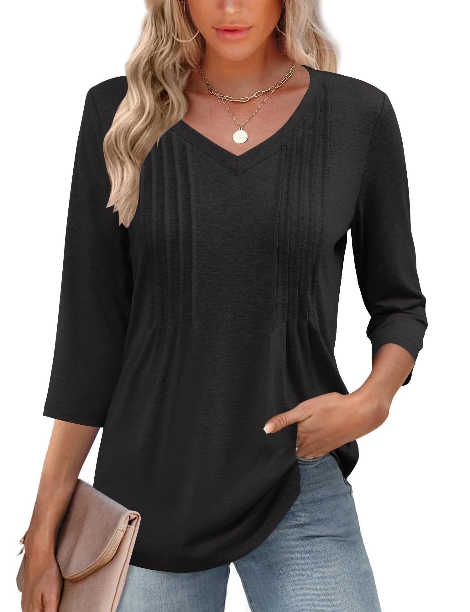 Romanstii Shirts for Women 2026 Spring 3/4 Length Sleeve Womens Tops Dressy Casual Pleated Blouses V Neck Tee Shirts S-3XL