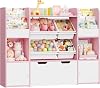 FOREHILL Toy Storage Unit 4-tier Kids Bookshelf Kids Storage Childrens Bookcase with 4 Removable Boxes, 2 Doors, 2 Drawers with Wheels for Playroom Nursery Furniture 126x30x104cm White+Pink