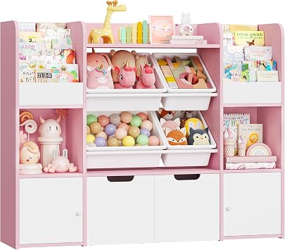 FOREHILL Toy Storage Unit 4-tier Kids Bookshelf Kids Storage Childrens Bookcase with 4 Removable Boxes, 2 Doors, 2 Drawers with Wheels for Playroom Nursery Furniture 126x30x104cm White+Pink