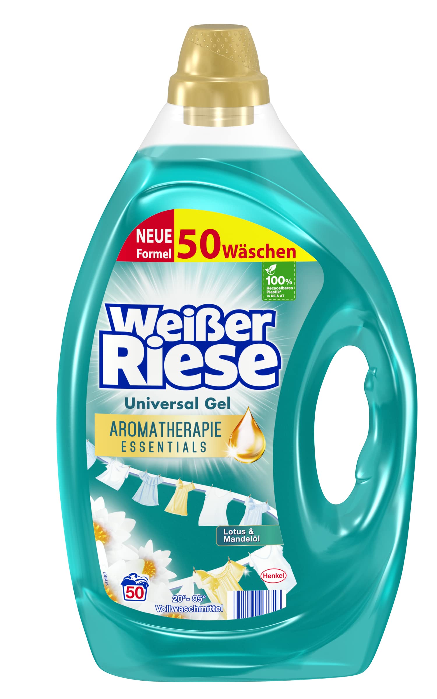 Weißer Riese Universal Gel Essentials Lotus & Mandelöl, Flüssigwaschmittel, 50 Waschladungen 2,5 Liter, 100 WL (2x50)