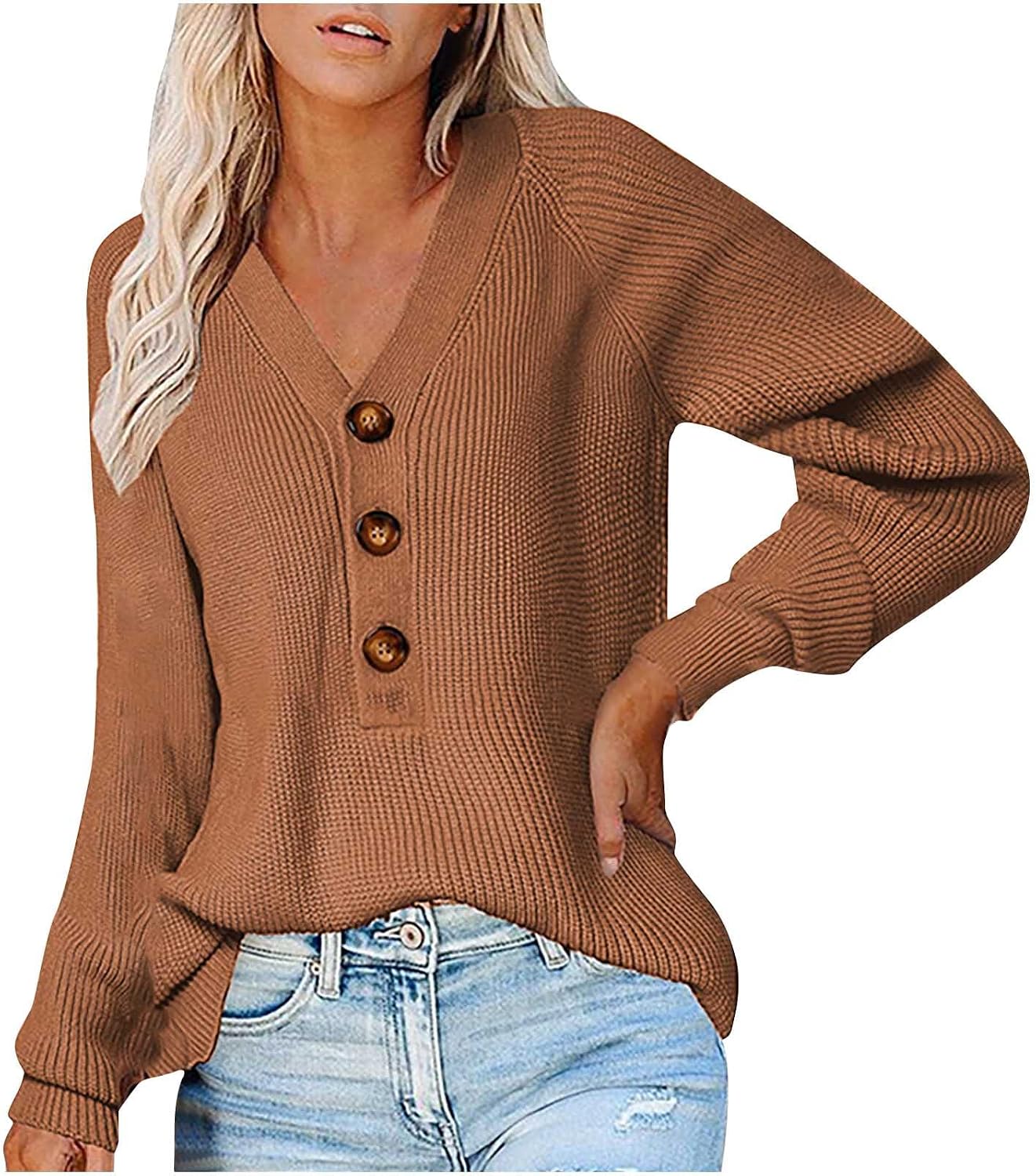 Womens Sweater Long Sleeve V-Neck Button Down Ribbed Knit Pullover Sweaters Solid Casual Relaxed Fit Jumper Tops