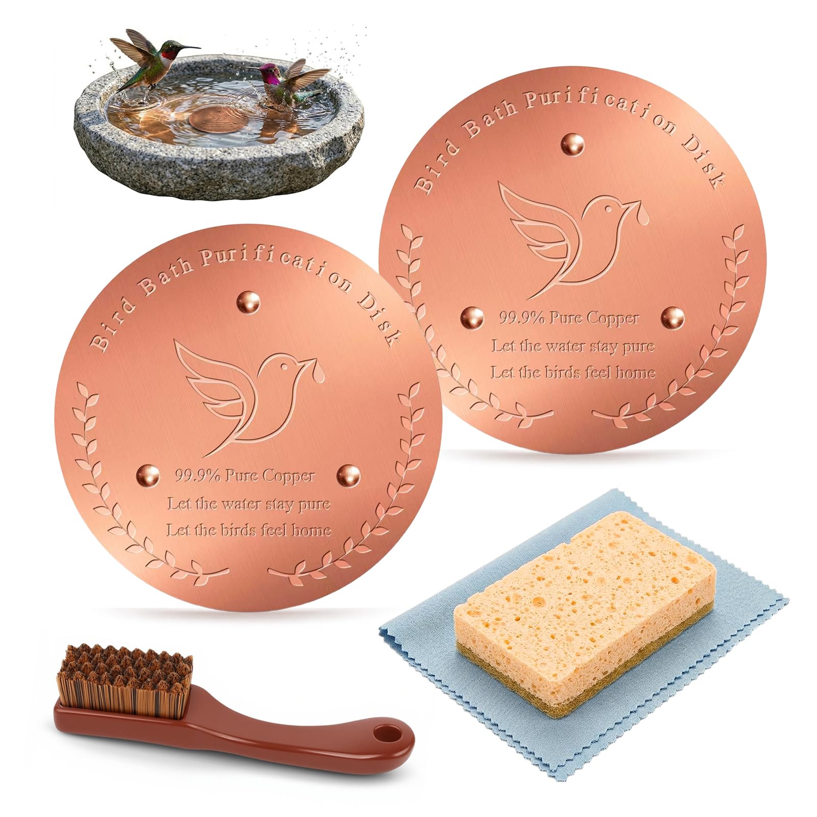 Bird Bath Copper Disk & Maintenance Set of 5, Includes 2 Pack 1mm Thick 99.9% Pure Copper Disks (100mm), Scrub Brush, Sponge & Polishing Cloth, Bird-Friendly Accessory to Keep Birdbath Water Fresh