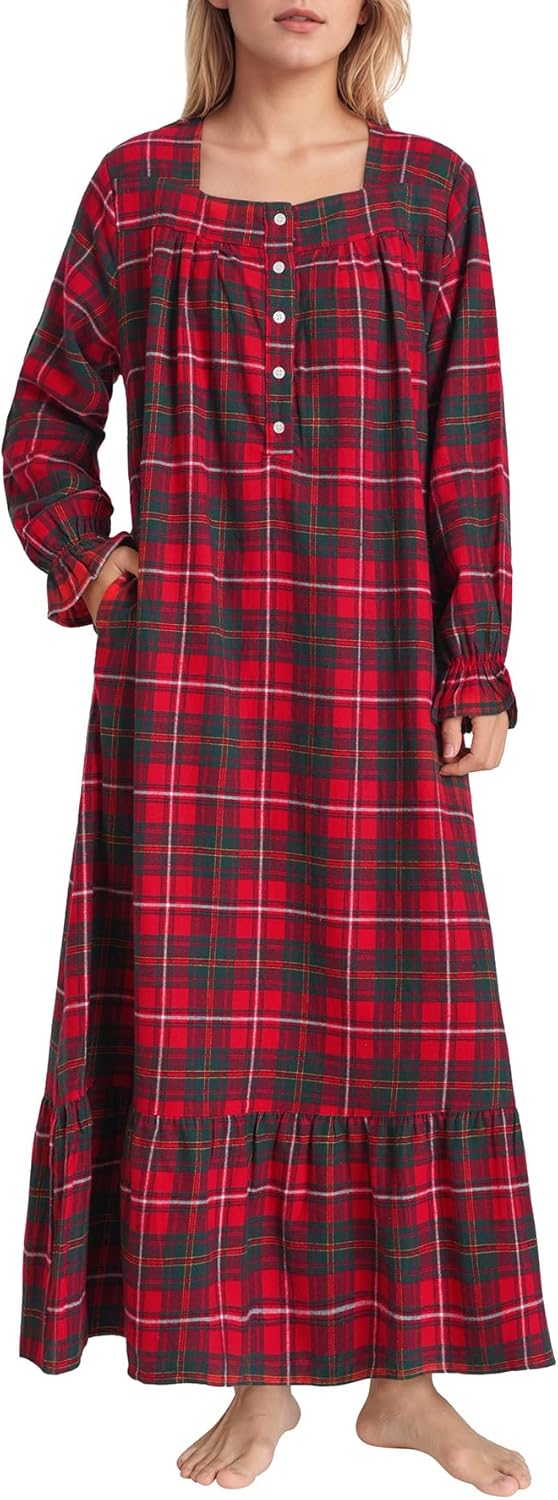 Latuza Women's Cotton Flannel Nightgown Long Sleeve Full Length Night Gown