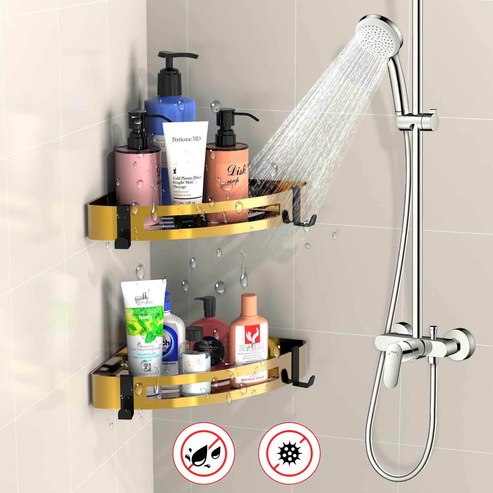 Estanteria Baño, Estanteria Esquina Ducha de Acero Inoxidable 304, Estante de Ducha sin Taladros con 4 Ganchos, Cesta de Dducha Gruesa, Colgante para Organizador para Duchas, Cocinas (2 Piezas, Oro)