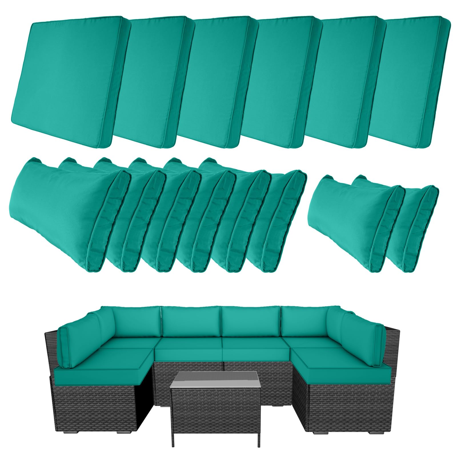14 Piece Outdoor Patio Cushion Covers Replacement, Fit 7 Piece 6-Seater Wicker Rattan Patio Furniture Conversation Set, Outdoor Cushion Slipcover with Zipper, Teal(Only Cover)-image-36