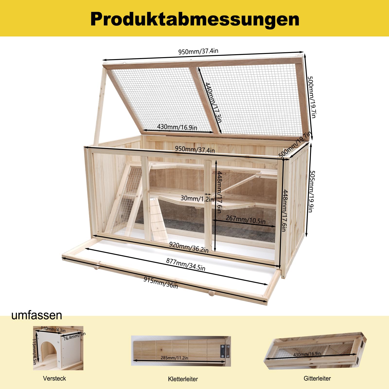 Hamsterkäfig aus Tannenholz, 94,5 x 48,5 x 49,5 cm, mit Plattformen, Leiter und Hütte