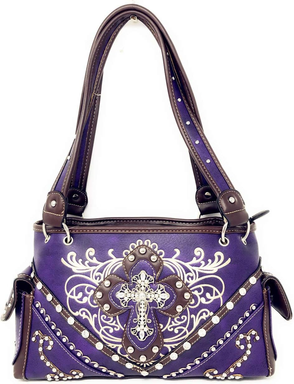 Things2Die4 Western Embroidered Concealed Carry Purse/Wallet Set w/Rhinestone Cross (Purple)