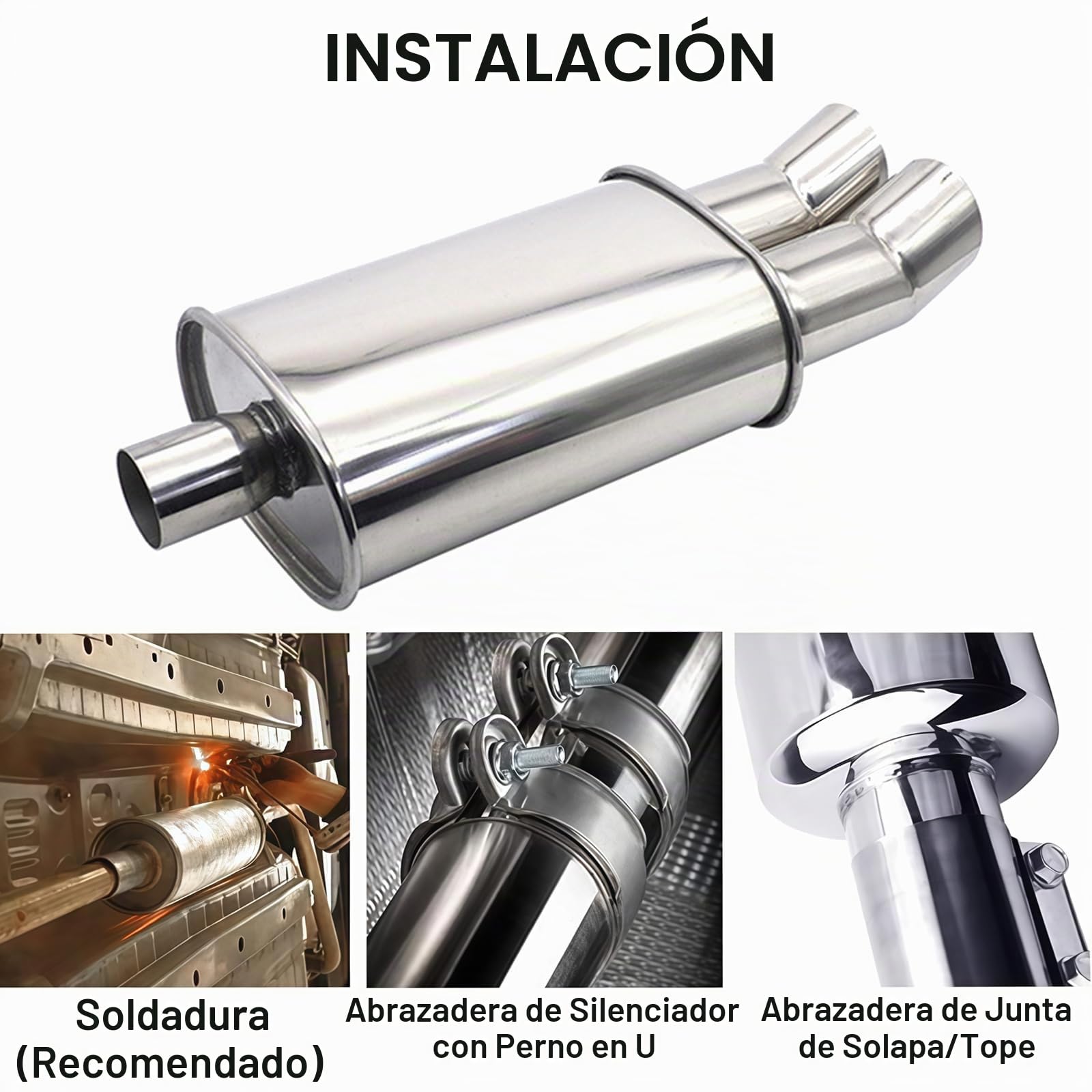 Silenciador de Escape para Coche 2.25"/57mm con Doble Salida Resonador de Acero Inoxidable Diésel Punta de Escape Turbo Sonido 53.5cm Longitud Cola Doblada Universal para Sedán SUV (Plateado)