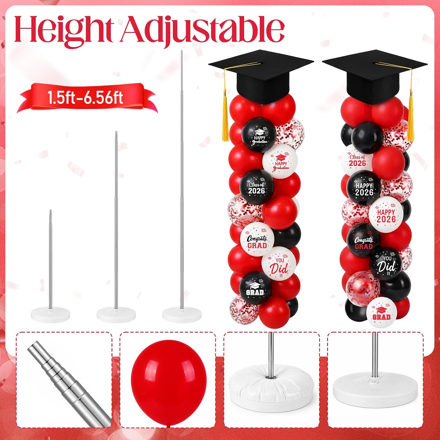 Thenshop 2 Sets Black Red Graduation Balloon Column Stand Kit 2026- Balloon Tower Stand Kit with 100 Balloons with 7ft Adjustable Height with Paper Grad Cap Toppers for Grad Party Decor Supplies