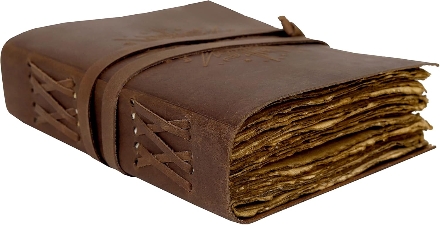 Sun and Moon Handmade Vintage Leather Journal Notebook – 7x5 Inch, 200 Pages, Rustic Deckle Edge Paper, Refillable Travel Diary, Sketchbook, Writing Journal for Men & Women