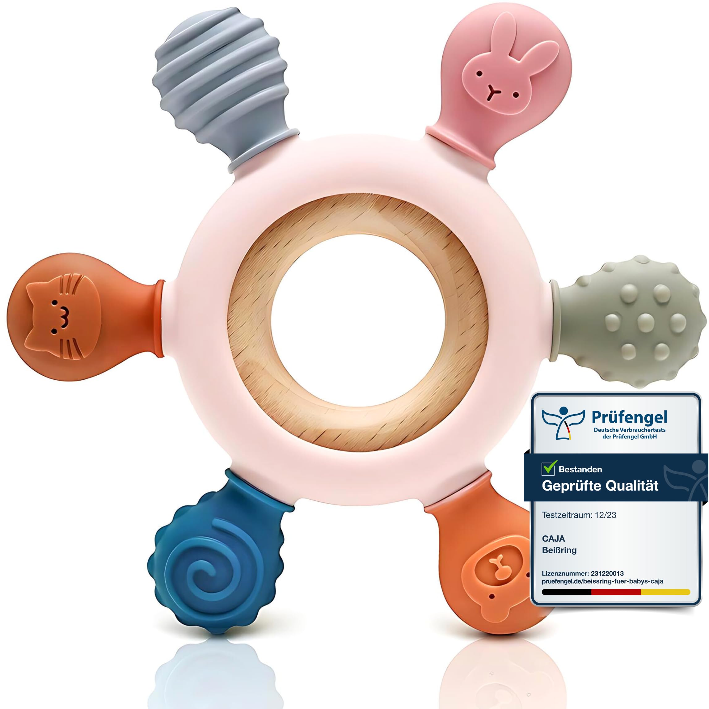 CAJA Beißring Baby BPA freie Zahnungshilfe und Beißspielzeug aus Silikon und Holz Greifring mit Tiermotiv Geschenkidee zur Geburt Sicheres Babyspielzeug für Jungen und Mädchen