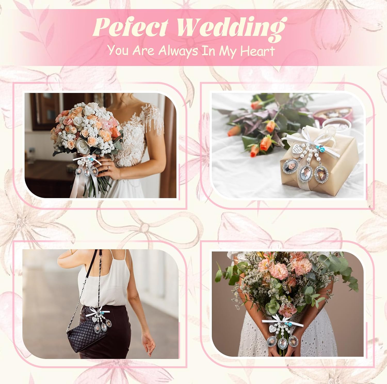 Wedding Bouquet Photo Charms Oval Bridal Bouquet Charm with 3 Picture Frame, You Are Always in My Heart DIY Picture Bride Memorial Charm for Wedding Memory - Image 5