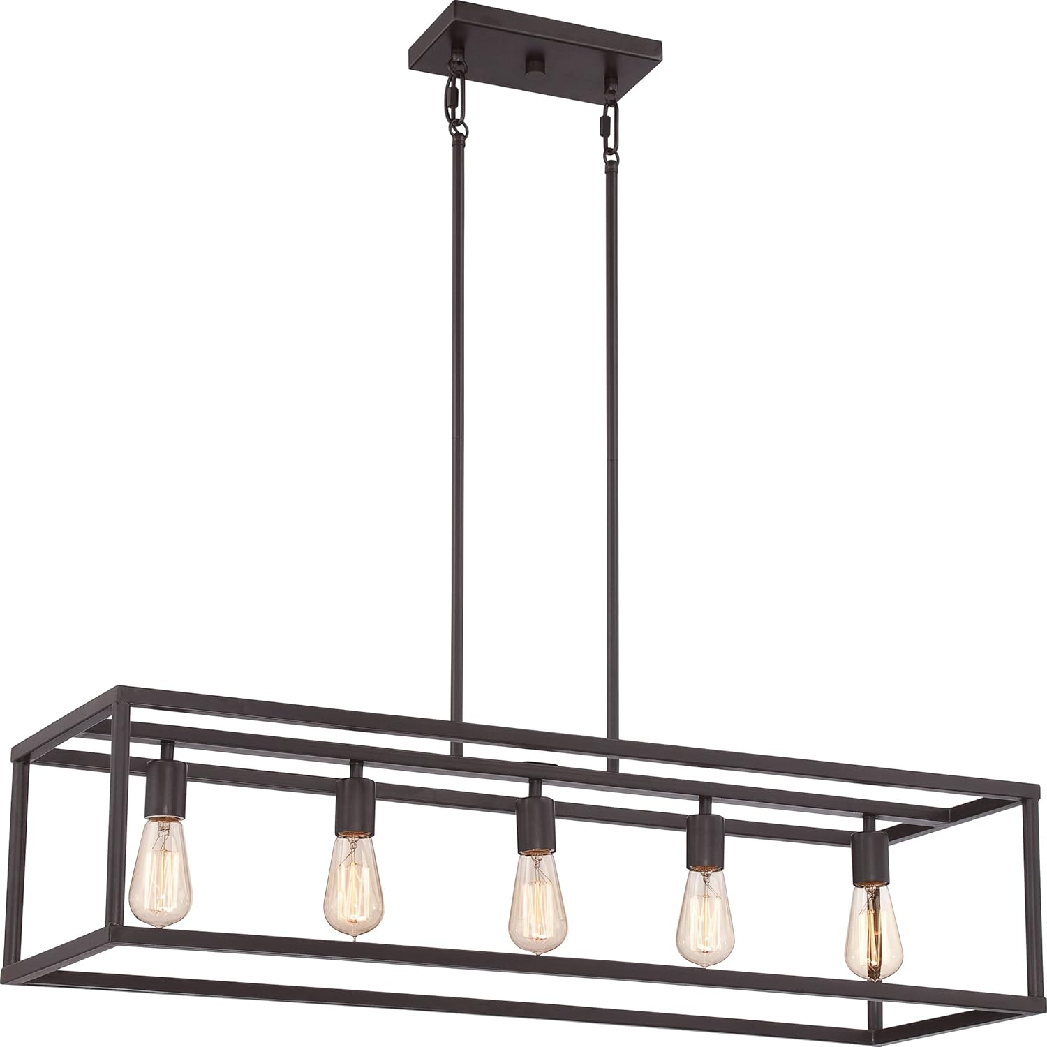 Quoizel New Harbor Linear Chandelier, 38 Inch 5-Light Western Bronze Open-Frame Pendant Lights, 100W, Max Adjustable Height 50", Island Chandelier for Kitchen, Over the Dining Table or Living Room