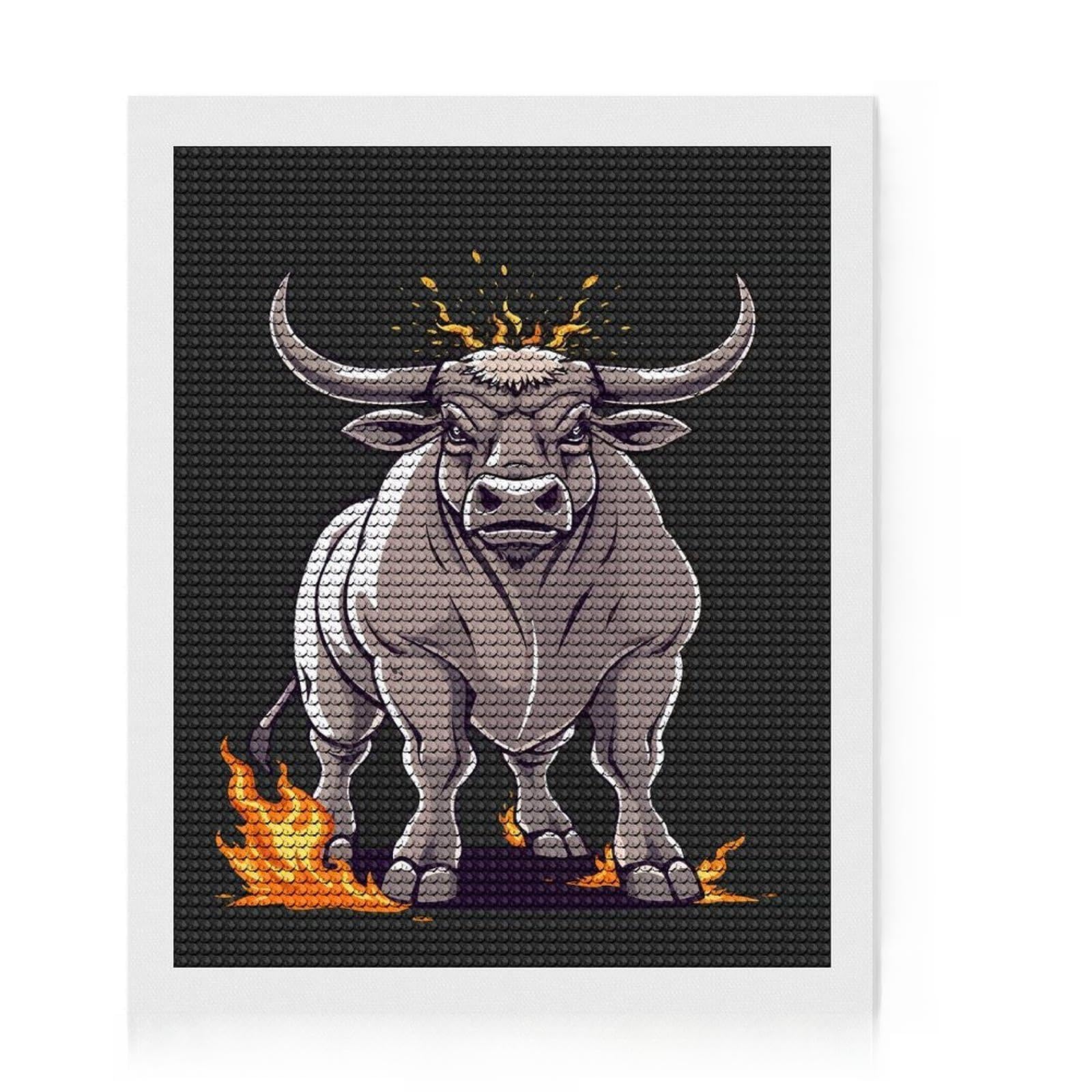 Junmoney Cartoon Bull with Flames Diamond Painting Set 16"x20", for Creative Relaxation, Boho Decor, Nice Detail and Sparkle, Thoughtful Handmade Gift