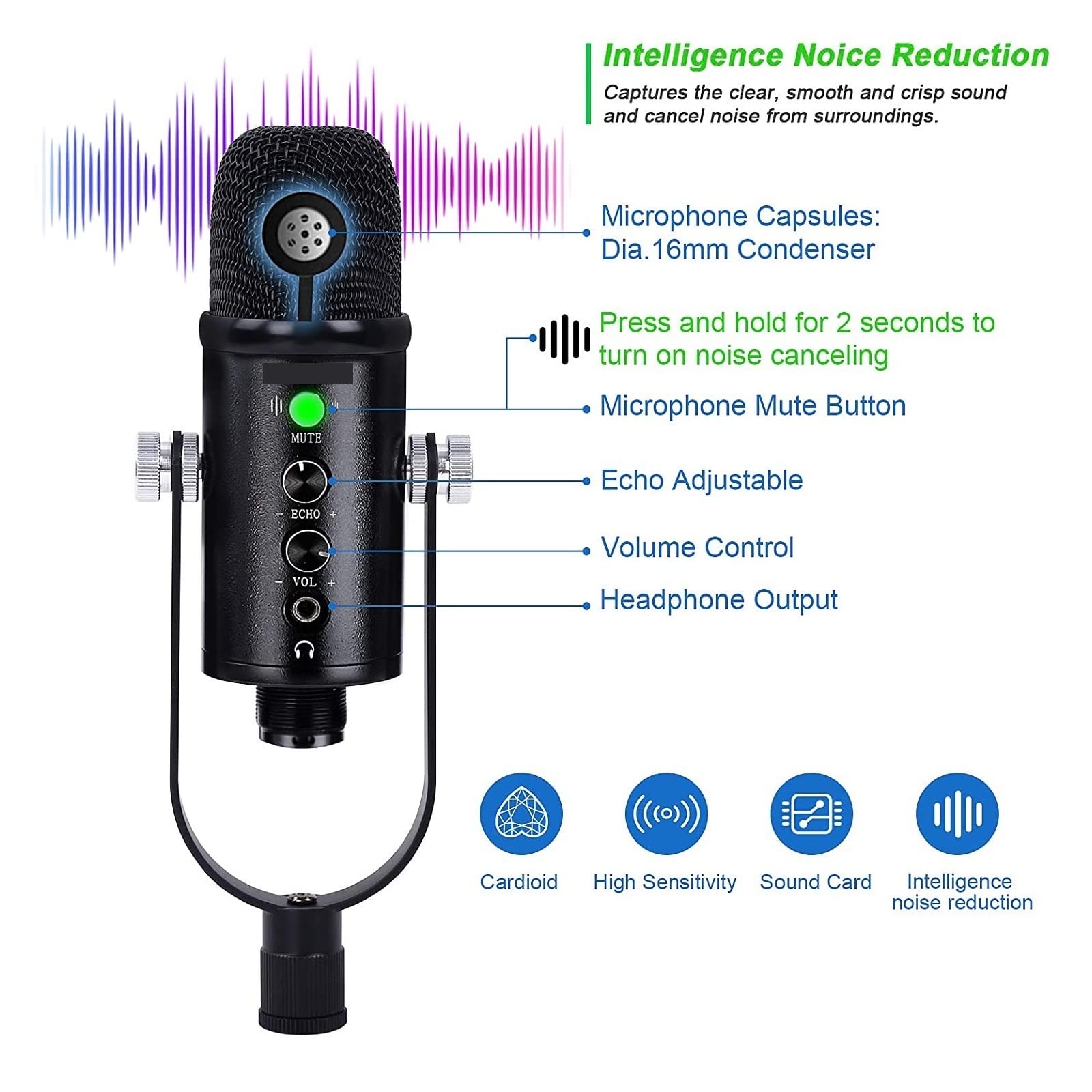 USB Condenser Microphone Compatible with PC Compatible with Phone Karaoke Youtube Studio Recording Podcast with Adjustable Arm Stand Shock Mount Mikrofon