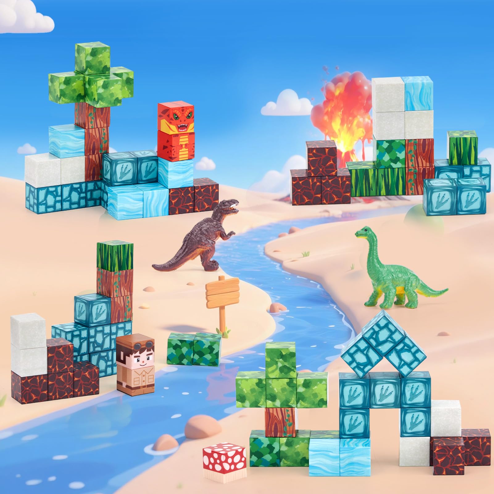 hahaland Costruzioni Magnetiche da Viaggio, 52 pezzi Cubi Magnetici Dinosauri per Bambini, Montessori Giocattolo Viaggio STEM Regali Ragazzi Ragazze 3 4 5 6 anni