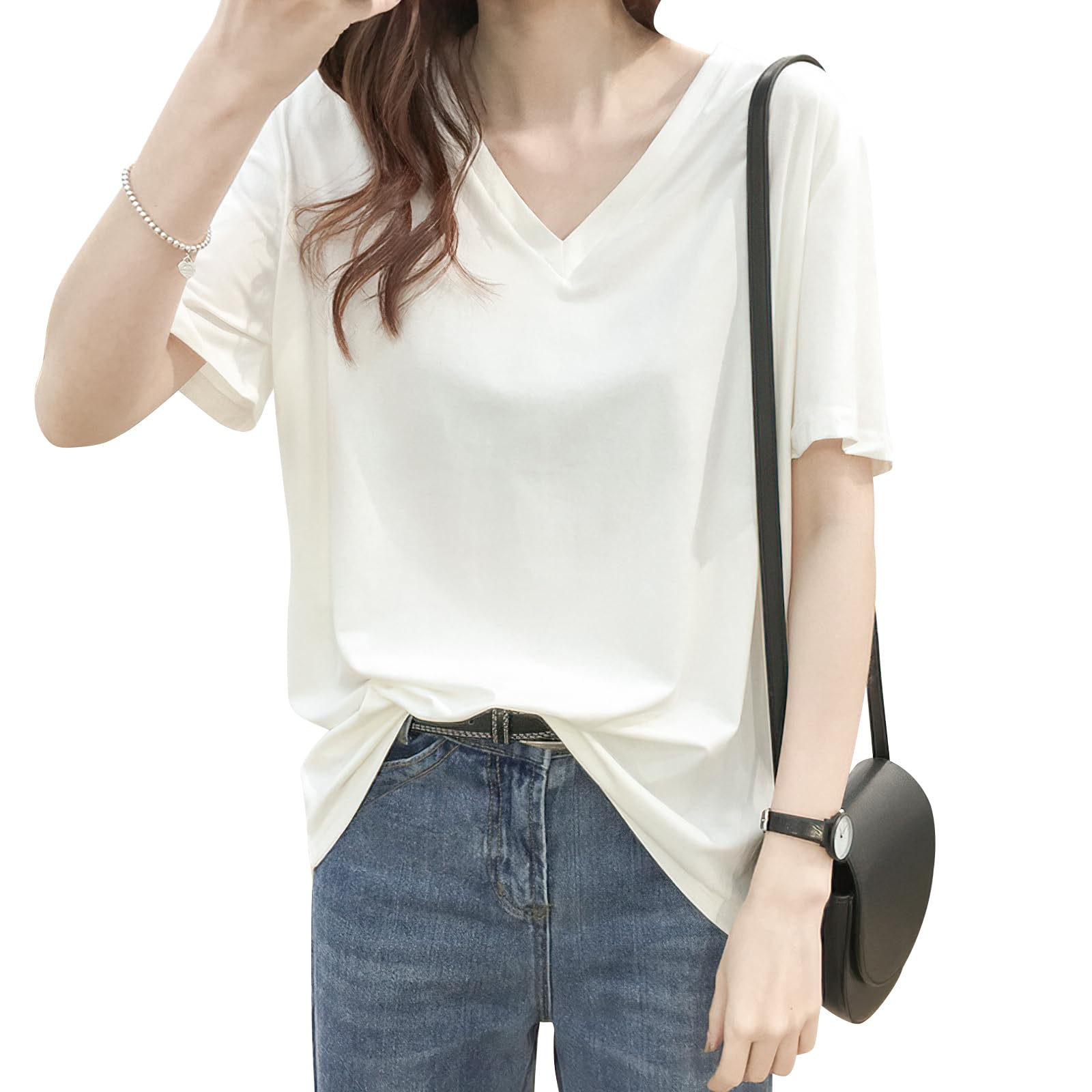 [SLEEPSINERO] tシャツ ティーシャツ レディース 半袖 【上半身の厚みを隠す！Vネックで痩せ見え】 レディーストップス オーバーサイズ ゆったり 透けない 吸汗速乾 通気 夏服レディース カットソー 長め おしゃれ