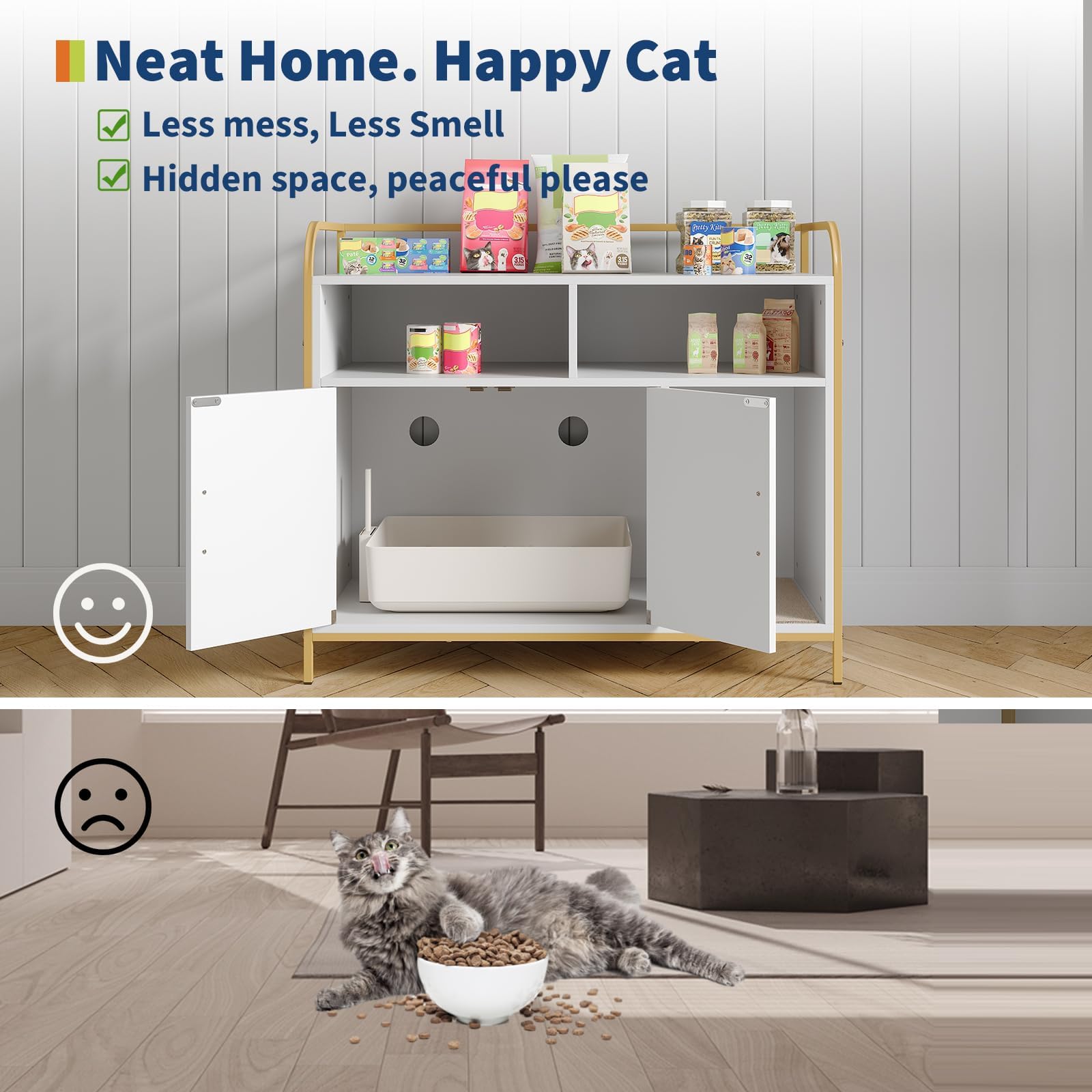 Garvee Moderner Katzenstreu-Schrank aus Holz, mit Ablagen, Belüftungsöffnungen und seitlichem Eingang, verdeckt die Katzentoilette und dient als Hundehütte, Weiß