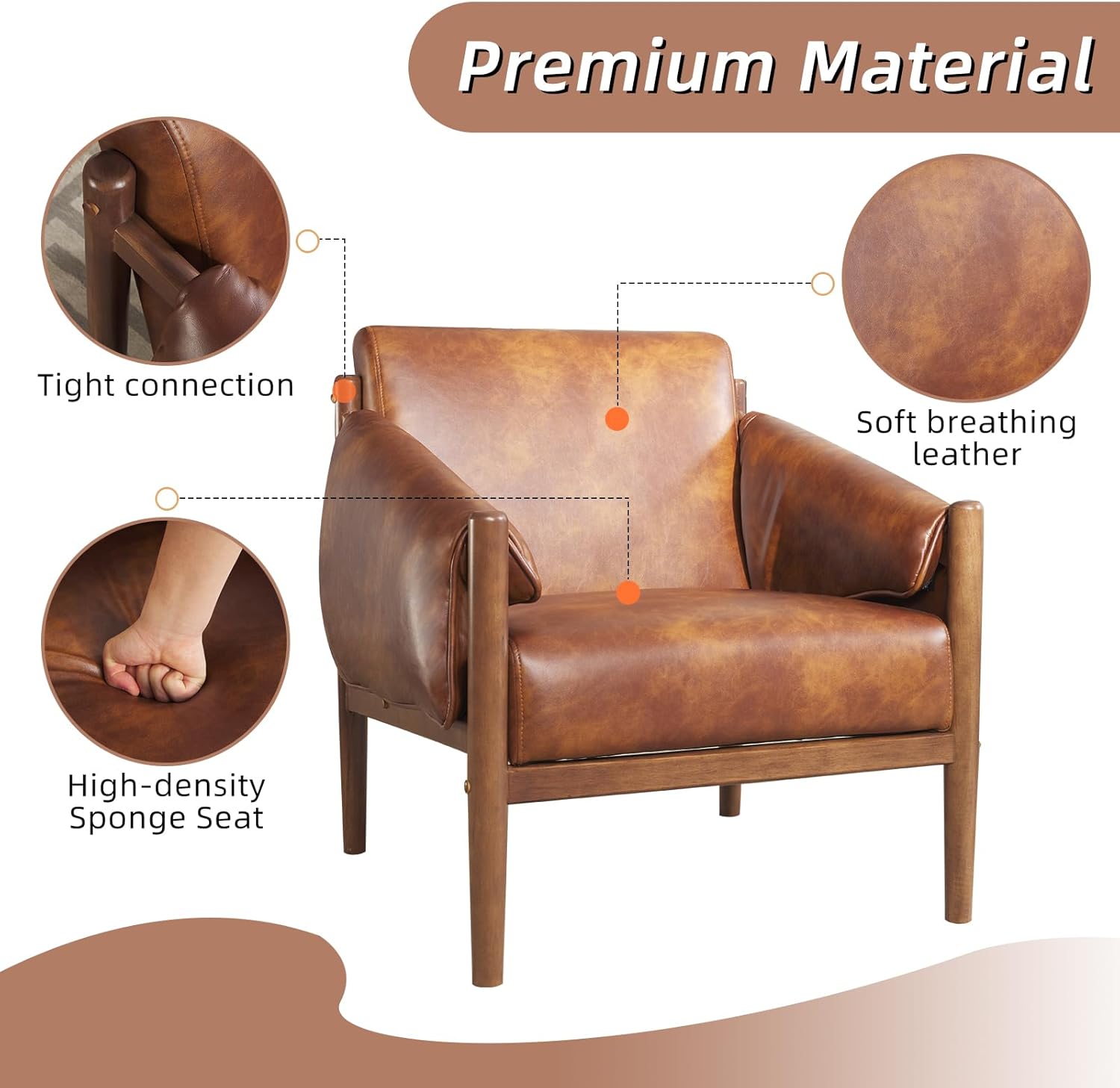 INZOY Faux Leather Armchair with Wood Frame, Mid Century Accent Chair with Removable Armrest Pads, Upholstered Living Room Chair, Reading Nook Chair for Bedroom Apartment, Camel