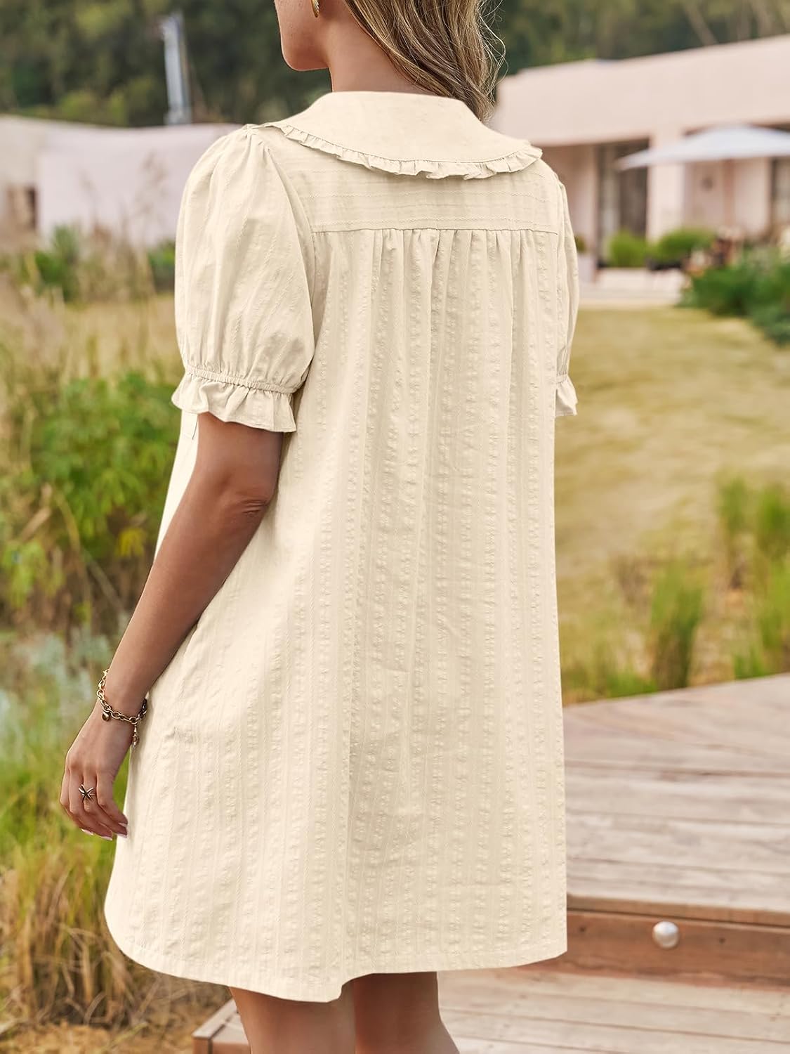 Cicy Bell Womens Puff Sleeve Peter Pan Collar Mini Shirt Dress Button Down Summer Casual Textured Short Dresses with Pockets - Image 5