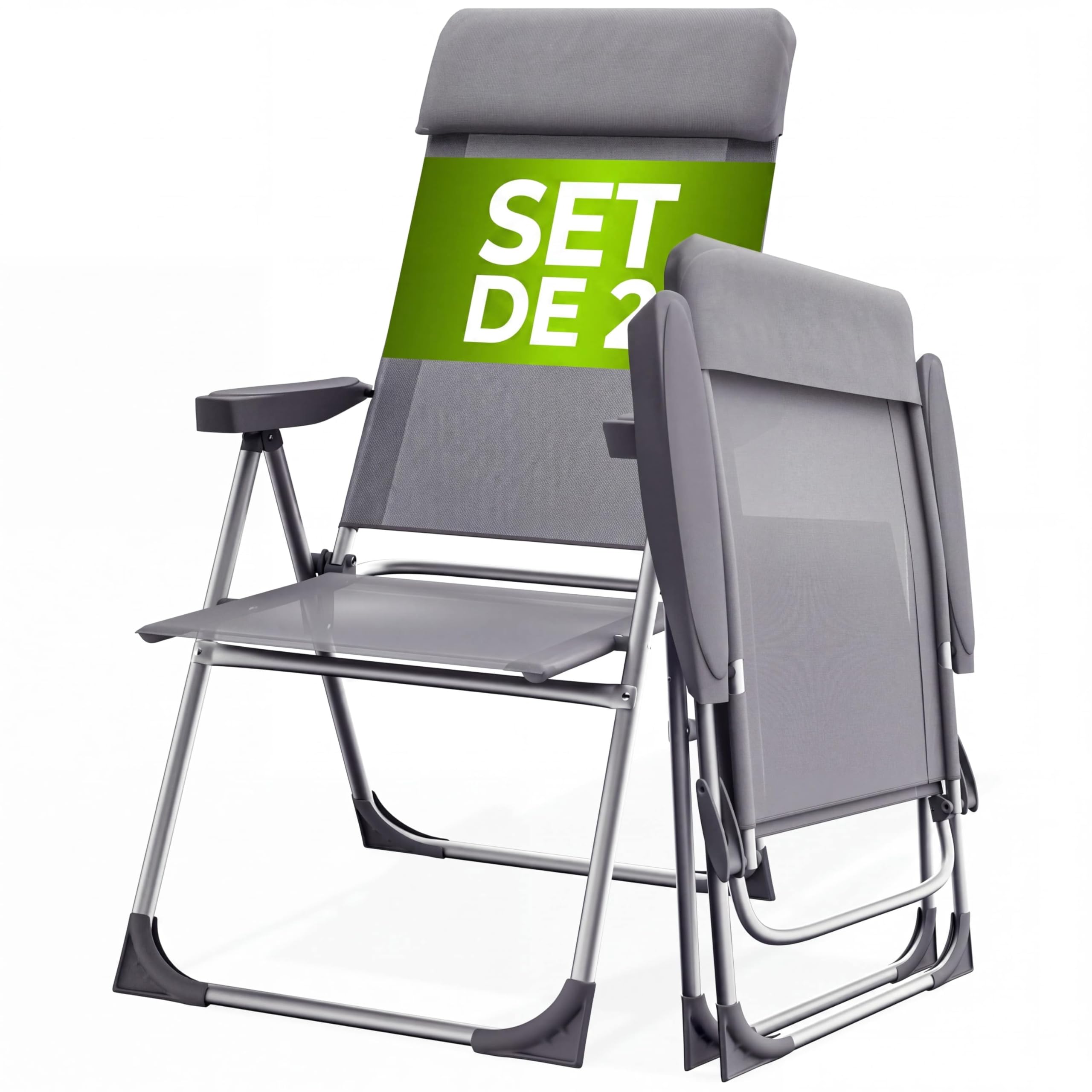 CASARIA® Sillas de Jardín Plegables Set de 2 Respaldo Alto Ajustable en 6 Posiciones Reclinable Marco Aluminio Estables Ligeras Exterior Terraza Balcón Camping