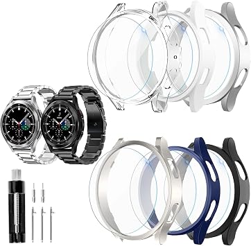 GOLDTOLUCK 40mm Galaxy 7 Case Band 6+6 Pack Tempered Glass Screen Protector Thin Scratch Resistant Protective Hard PC Bumper Classy Elegant Casual Men Women Metal Business Stainless Steel