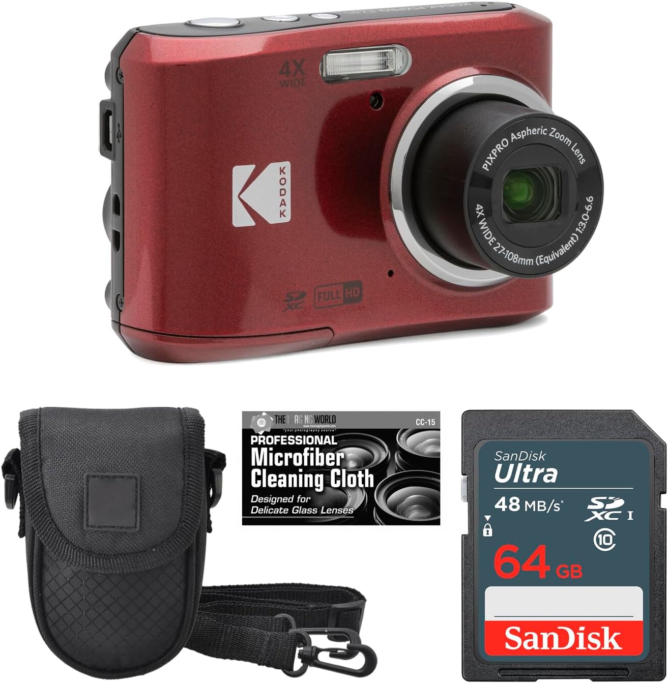 Kodak PIXPRO FZ45 16MP Digital Camera 4X Optical Zoom 27mm Wide Angle 1080P Full HD Video 2.7" LCD Camera (Red) + Padded Case + 64GB Card + Cleaning Cloth