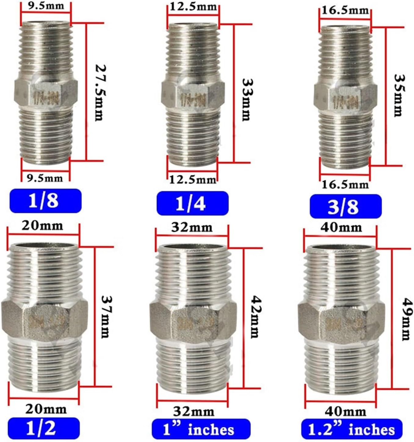 1PCS 1/8" 1/4" 3/8" 1/2" 3/4" Thread 304 Stainless Hex Steel Pipe Fitting Head Male Fittings Water oil Air Connector(1/4")