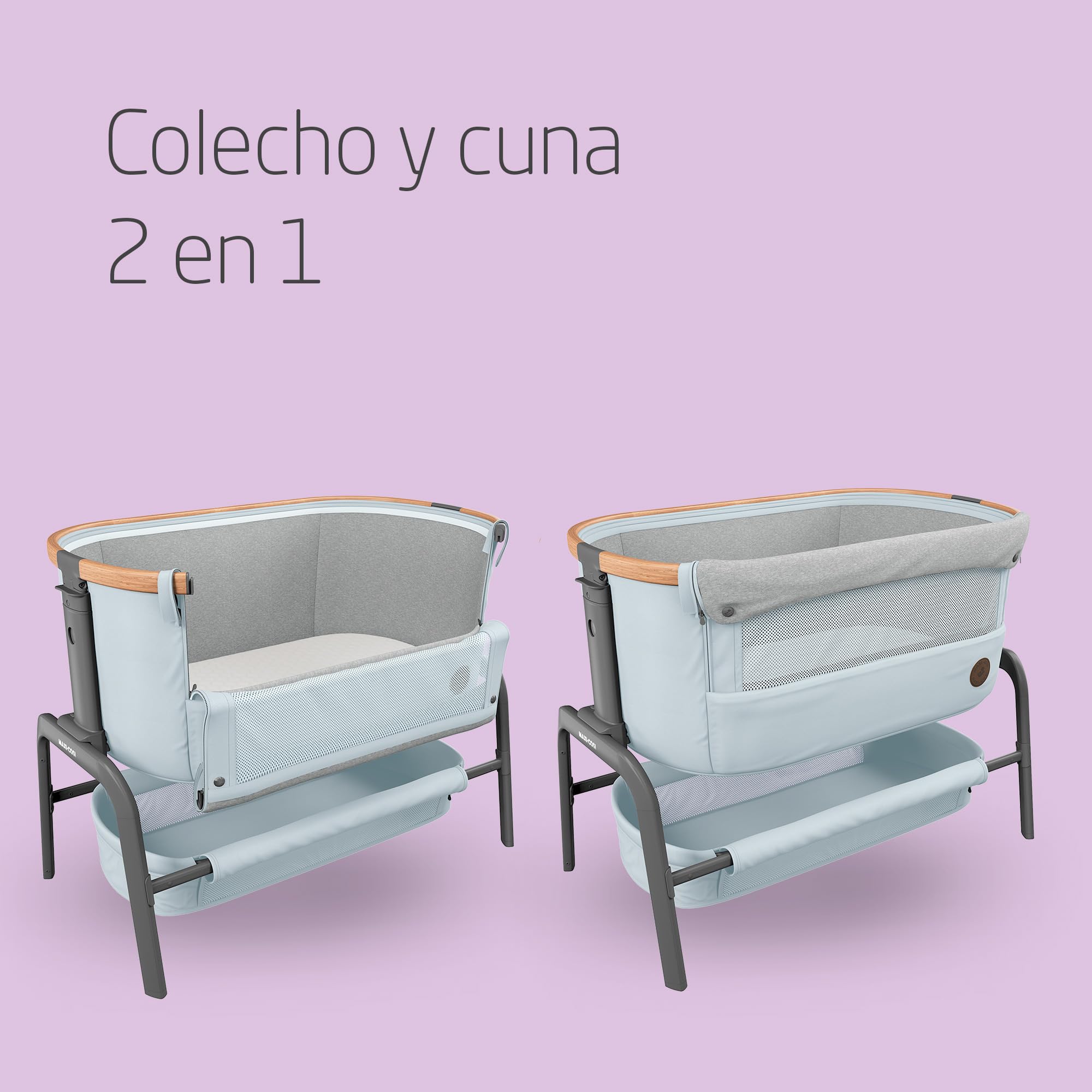 Maxi-Cosi Iora Cuna Colecho Bebe, Co-Sleeper, 0 - 6 meses, máx. 9 kg, 4 Posiciones de Inclinación y 5 de Altura, Fácil Deslizamiento, Cómodo Colchón, Amplia Cesta, Fácil Transporte, Essential Grey