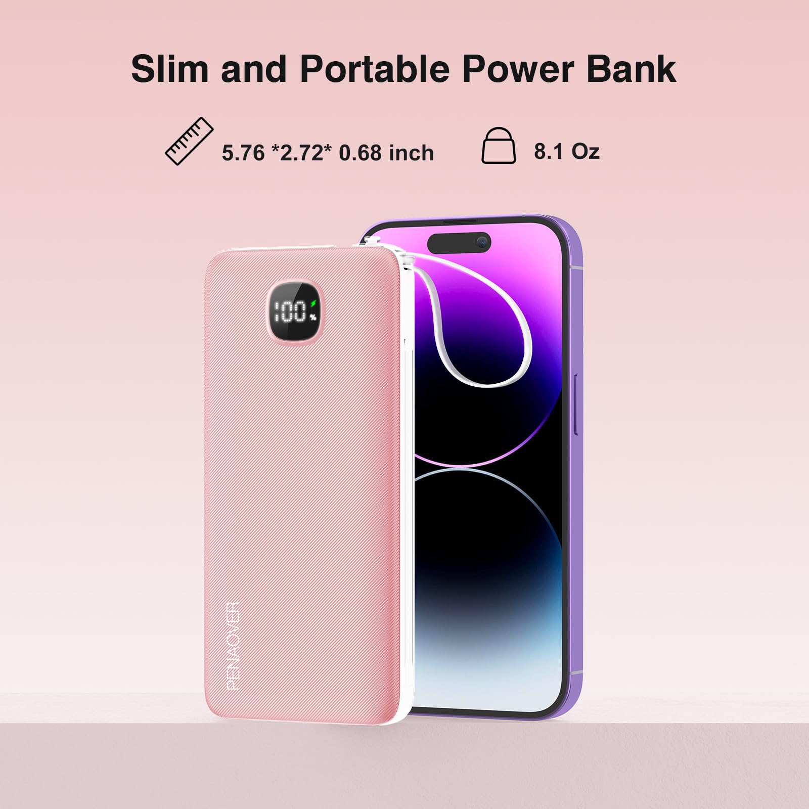 penaover Cargador portátil con cables integrados y enchufe de pared de CA, delgado 10000 mAh, 22,5 W, batería externa USB-C de 5 salidas, 2 entradas, compatible con iPhone, Samsung, Android, etc