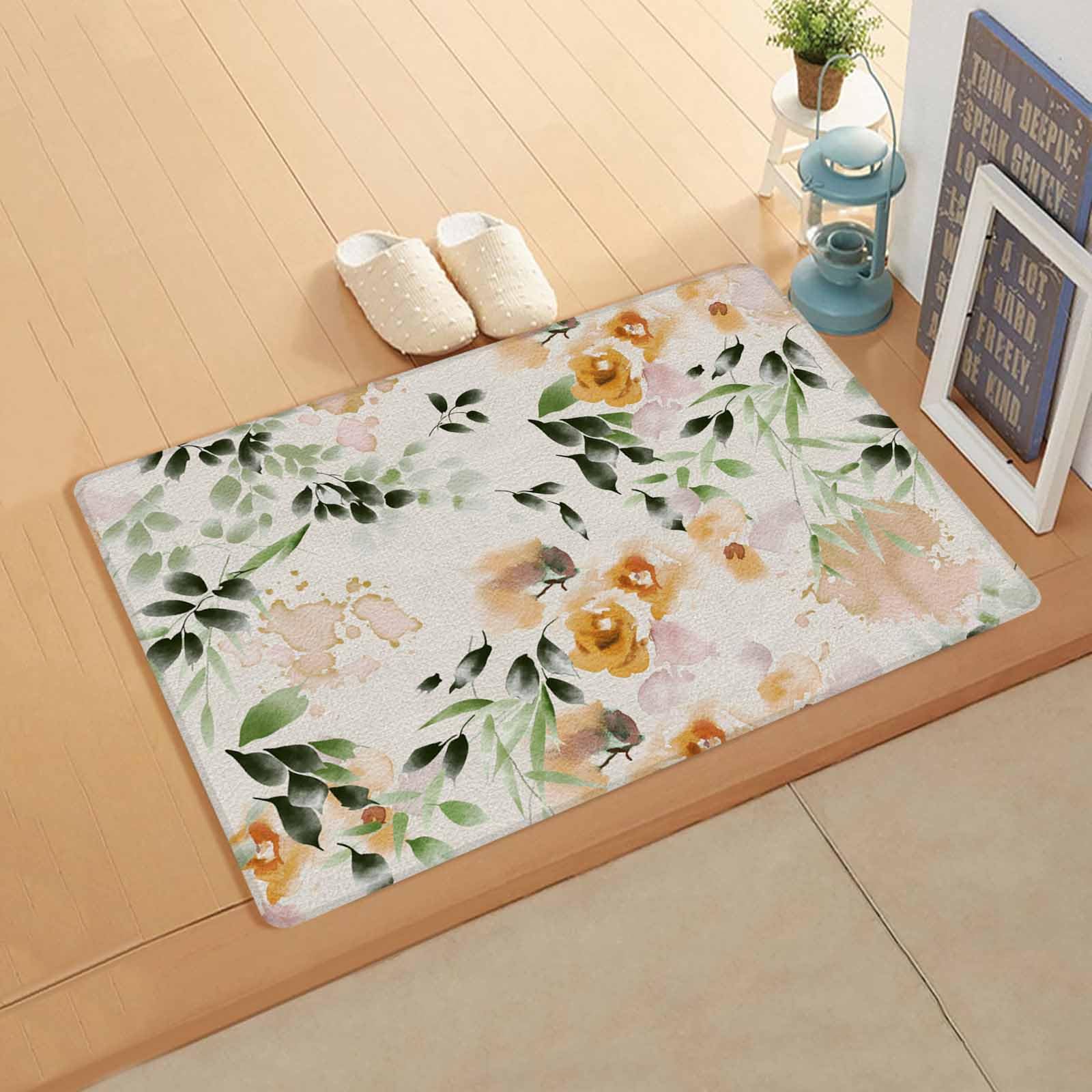Orange Wildflower Kitchen Bath Door Mat Cushioned Runner Rug,Washable Welcome Floor Sink Antifatigue Mat,Waterproof & Non-Slip Comfort Standing Doormat,Rustic Watercolor Rose Floral Plant 18