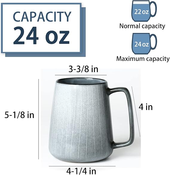 Large Ceramics Coffee Mugs, 24 OZ Extra large Mug, Big Handle Mug, Grey | 24 OZ Large Handle Coffee Mugs, Extra Large Tea and Coffee Cup for Office and Home, Microwave and Dishwasher Safe