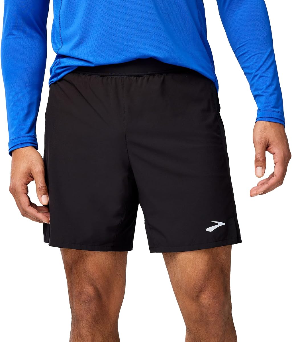 Brooks Journey Pantalón corto 2 en 1 de 7" para hombre, pantalones cortos para correr, forro tipo bóxer de apoyo, almacenamiento seguro y ajuste ajustable
