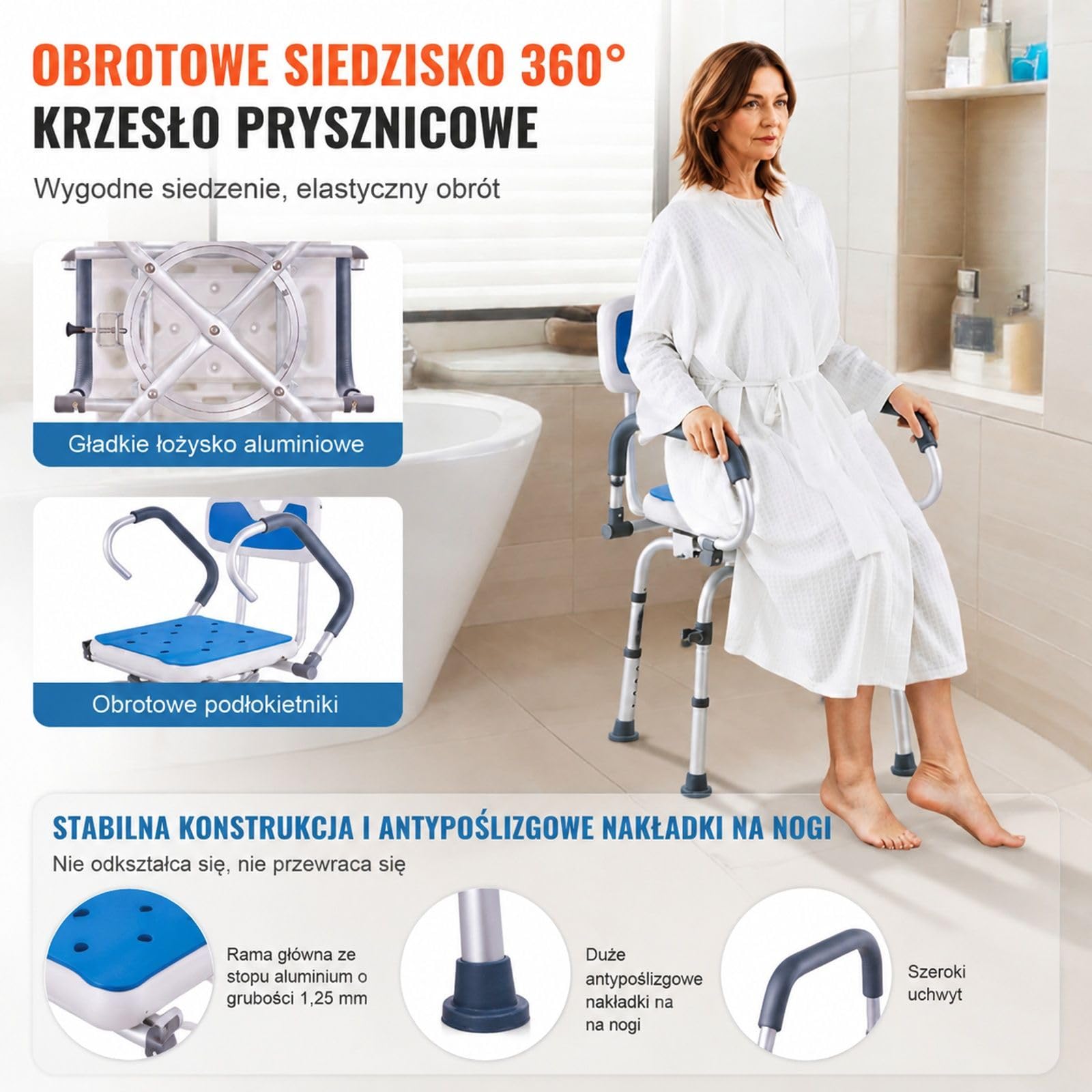 Obrotowy fotel prysznicowy z regulacją 360 stopni i obrotowymi podłokietnikami do pryszniców wewnętrznych i wanien, antypoślizgowy obrotowy fotel prysznicowy do wanny dla osób starszych