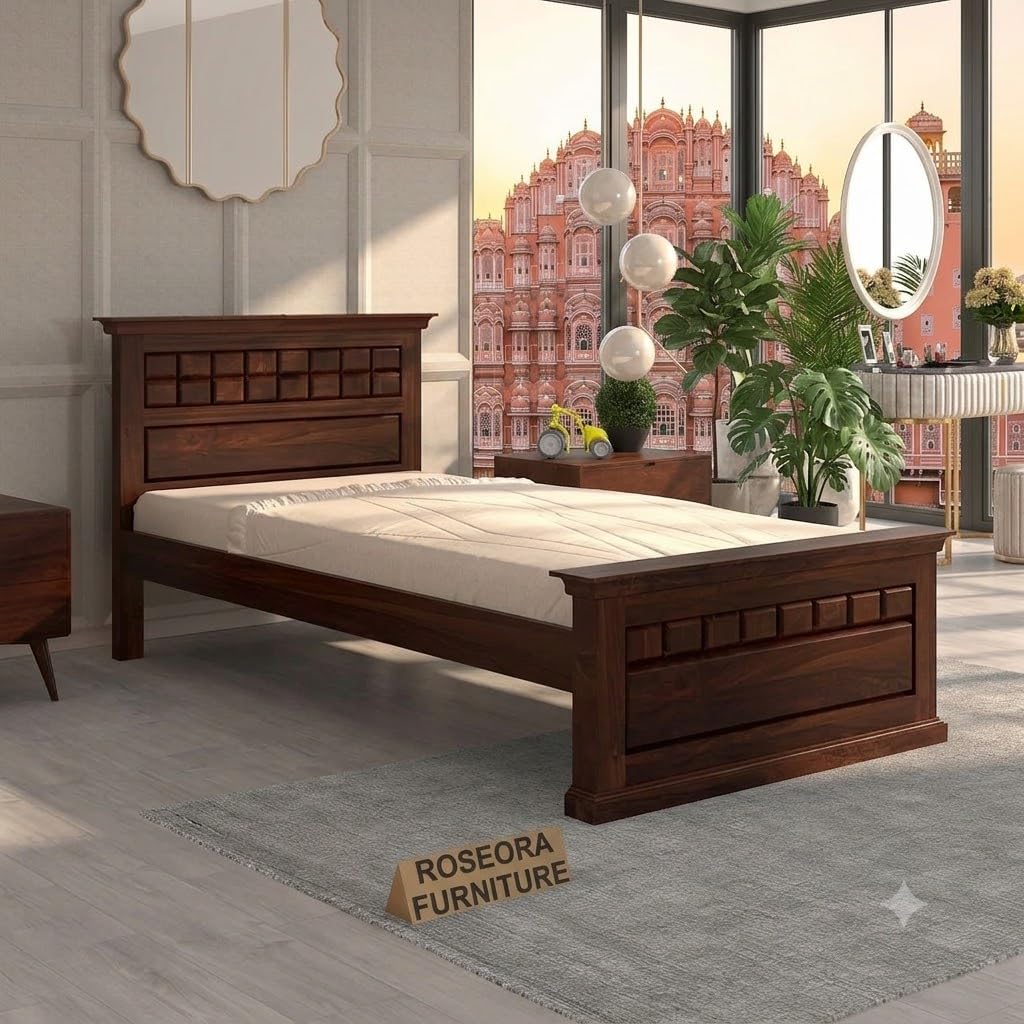 Sheesham Wood Single Bed Frame Without Storage | Solid Wooden Single Bed Cot | Chocolate Design Bedroom Furniture | Durable Sheesham Wood Bed | Walnut Finish-image-16