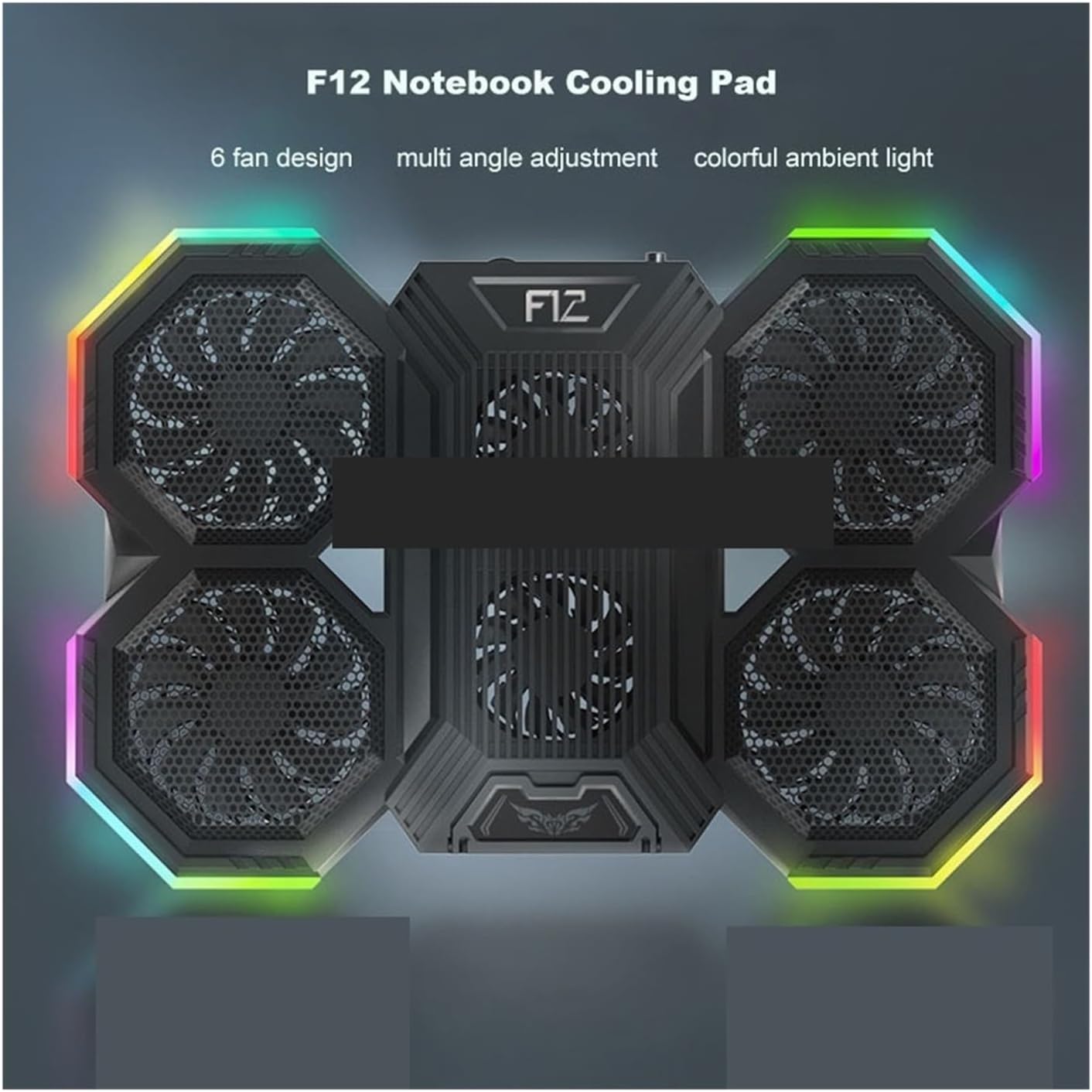 F12 Gaming Laptop Cooler Pad Six Fan 15.6 Inch Adjustable Notebook Stand RGB Fast Heat Dissipation with 2 USB Ports(F12 RGB Colorful)