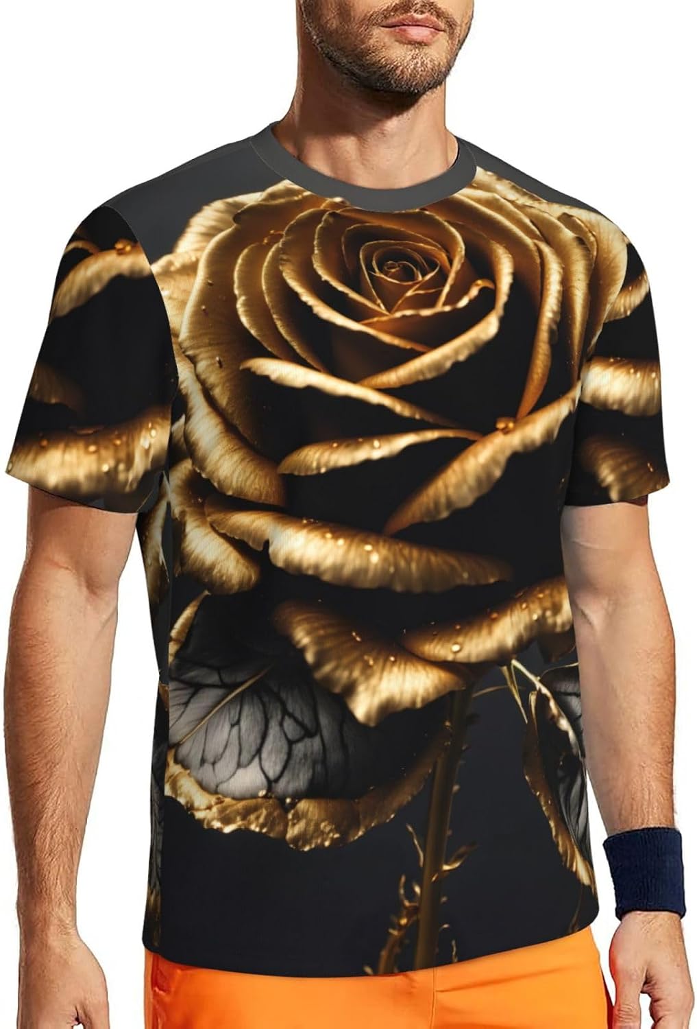 Black and Gold Flowers Print Mens Short Sleeve Mesh T-Shirt Breathable Athletic Gym Running Casual Sports Wear