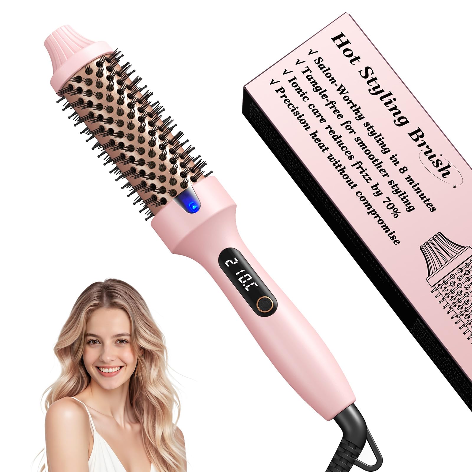 Thermal Brush per Capelli Asciutti 38mm, Ricci e Volume Effetto Salon in 8 Minuti, Spazzola Termica Ionica Anti Crespo, 6 Livelli di Calore, Display LED, Doppia Tensione, Rosa