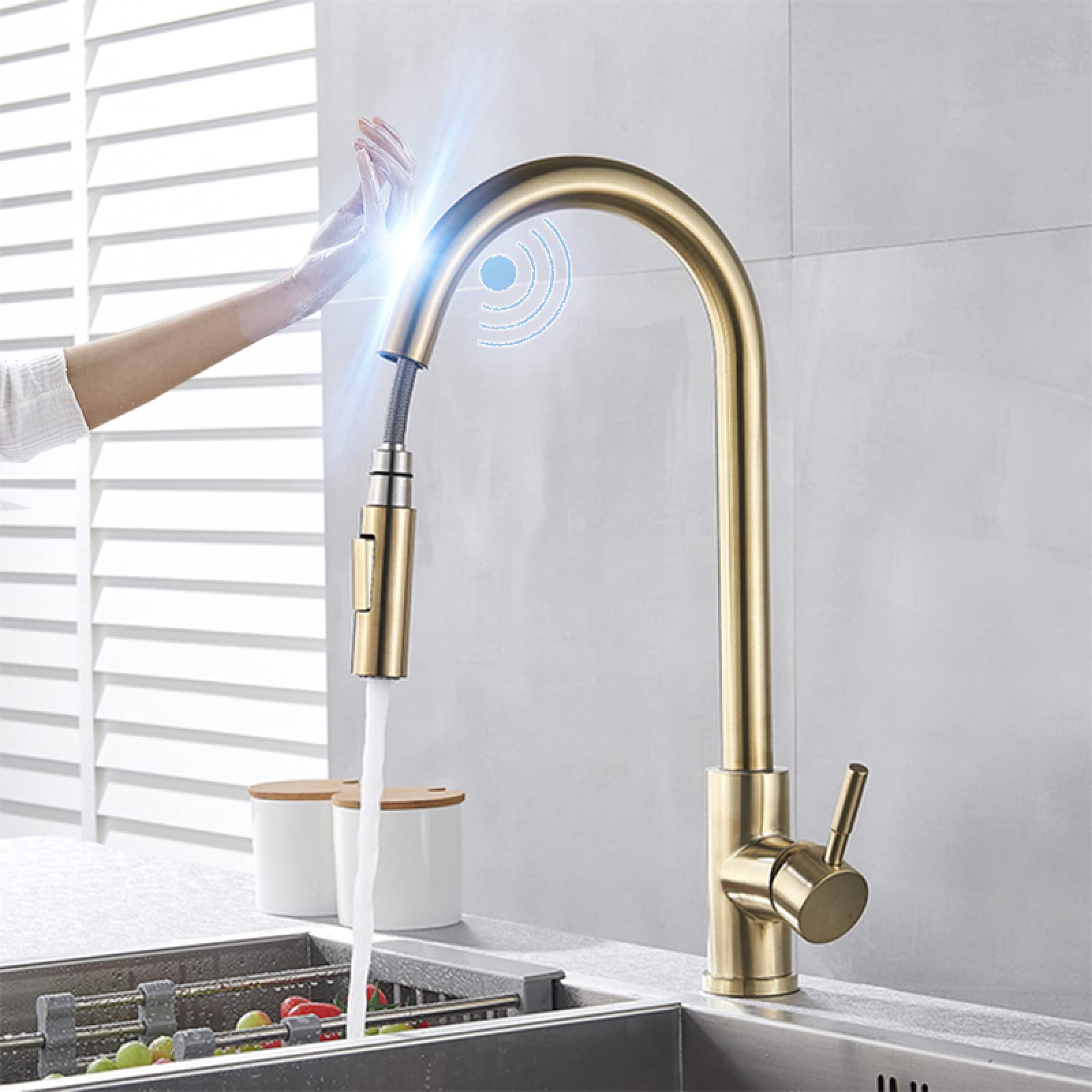 Mixer tap Black Sensor Kitchen Faucets Stainless Steel Smart Induction Pull Out Mixed Tap Single Handle Touch Control 360 Rotation Tap,Brush