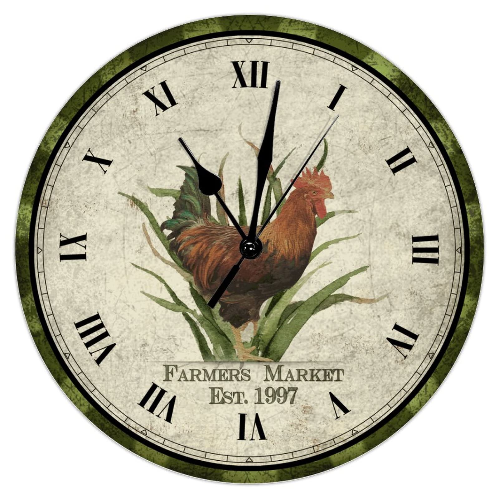 Horloge murale rétro coq à piles, grand cadran 38 cm lisible en bois naturel