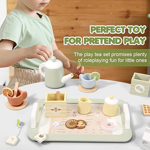 Miniatura 4 de Juego de té de madera para niñas pequeñas, juego de té para niños pequeños, juguete de cocina de juguete de simulación para 1, 2, 3, 4, 5 años
