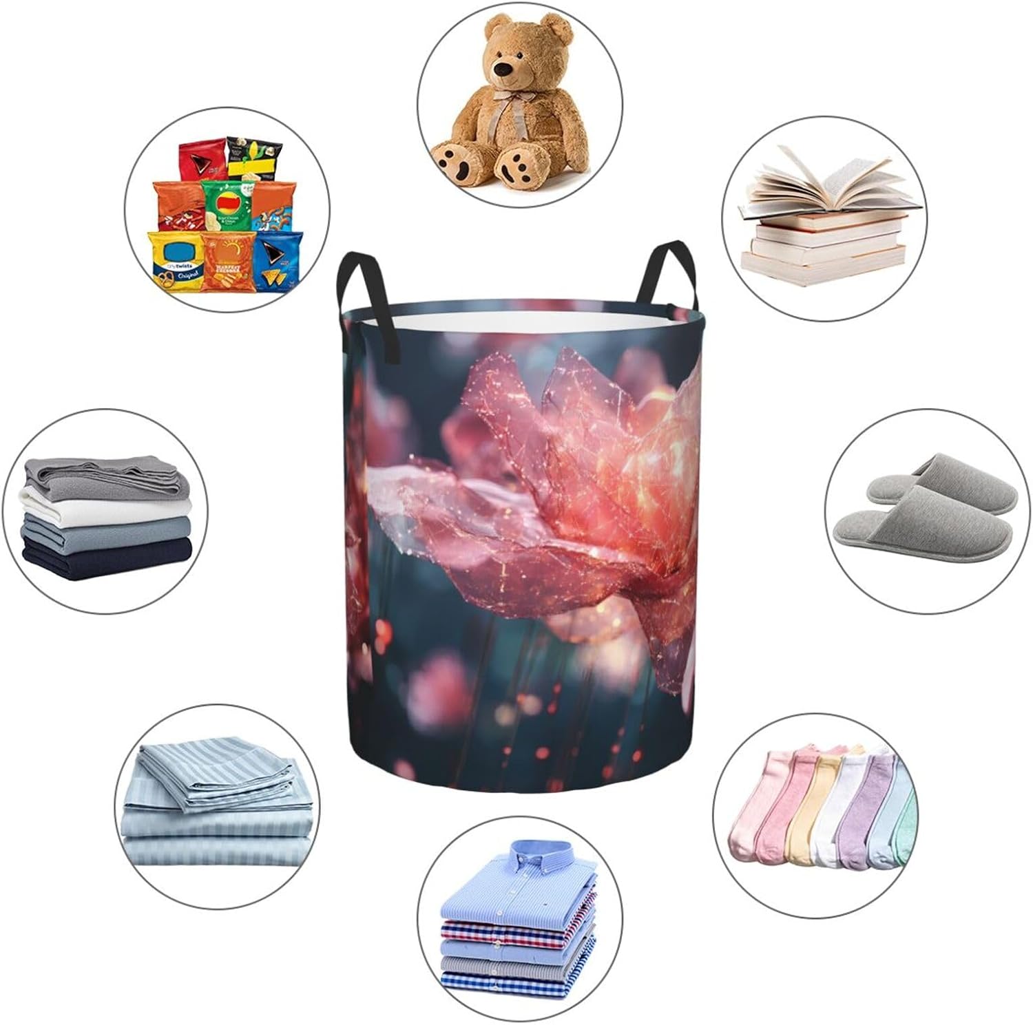 Crystal Petals Round Single-layer Laundry Basket, Portable Storage Laundry Basket, Bedroom Clothes Storage Basket with Handle