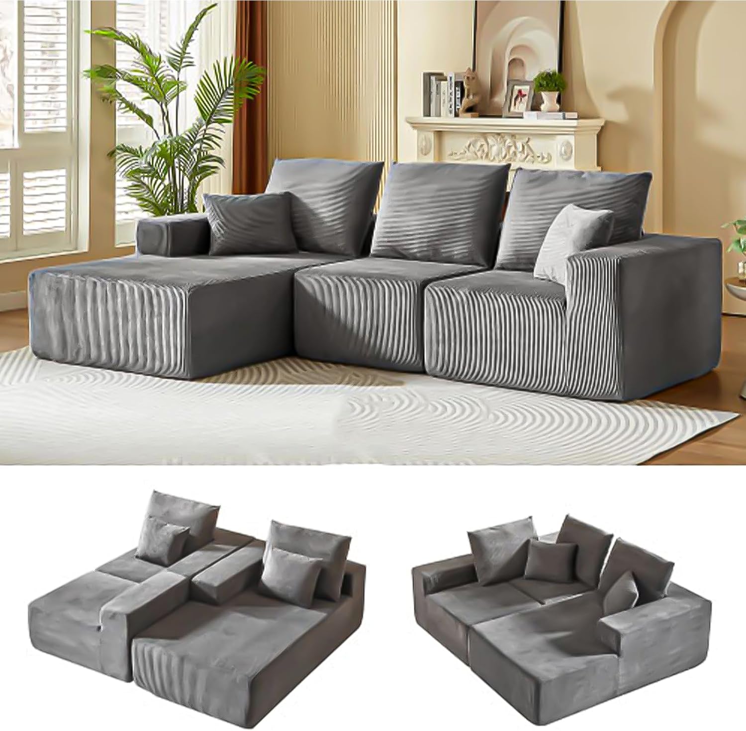 108-inch Sectional Sofa, Modern L-Shaped Cloud Sofa with Recliner, Featuring Deep Seating, Suitable for Guest Bedrooms, No Assembly Required, Dark Gray