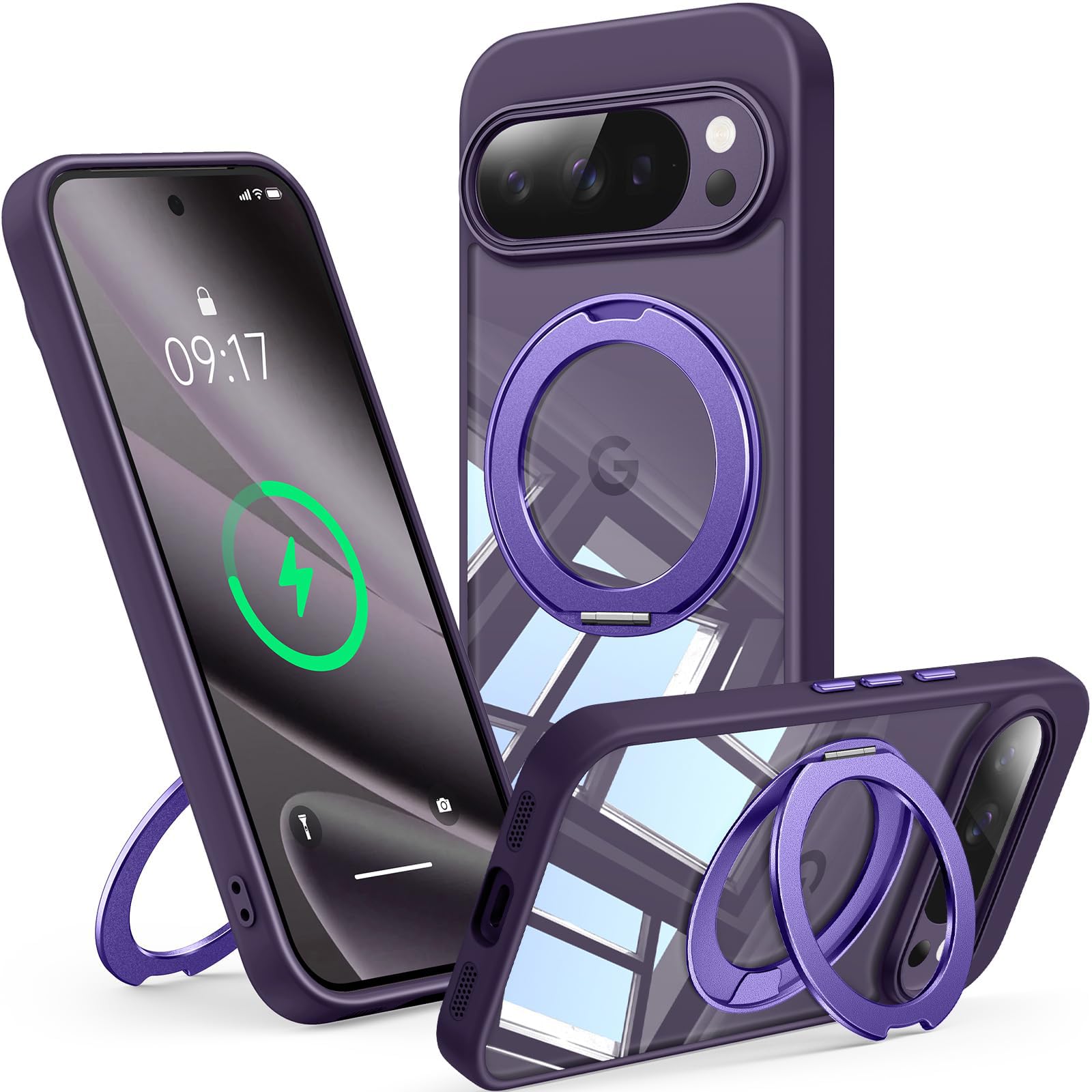 Photo 1 of ?360°Spin Magnetic Stand? Case for Pixel 10/10 Pro?Fit for MagSafe & Pixelsnap? Cover with Ring Holder?Crystal Clear? Camera Protection Phone Google 10/10 Pro Cases - Purple