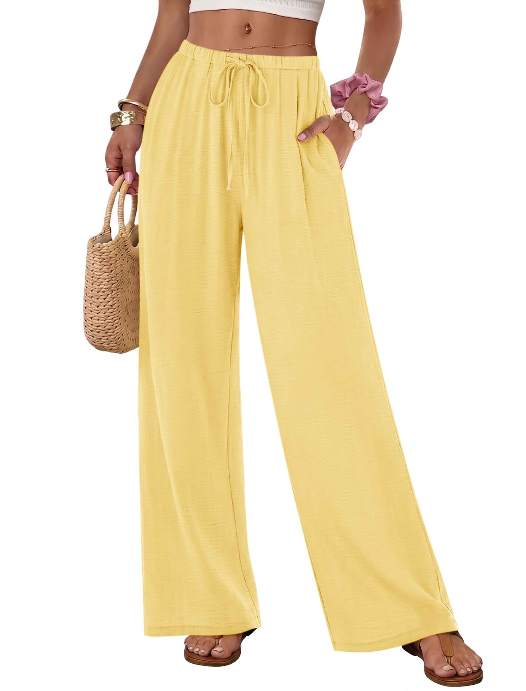 IWH Womens Flowy Pants Wide Leg Loose Casual Pull On Trousers Beach Travel Low Rise Elastic Waist with Drawstring Dressy Casual Vacation Pockets Lightweight Long Lounge Outfit Polyester
