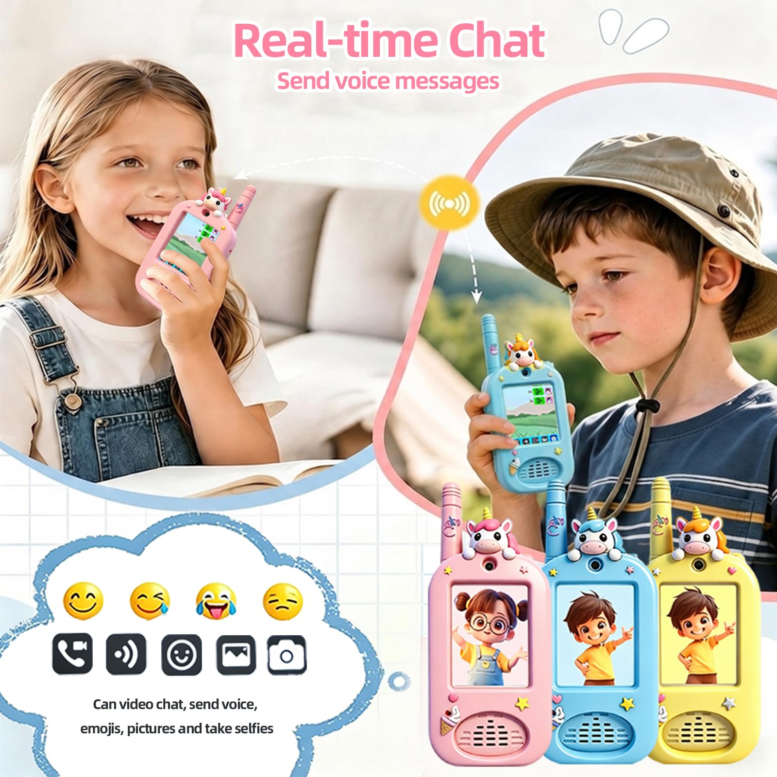 Kinder Video-Walkie-Talkies, 2er-Set, wiederaufladbar mit HD-Kamera & Display, Fotospeicher, Zwei-Wege-Video- & Sprachfunktion mit Stimmenverzerrer, für drinnen & draußen, 3–12 Jahre (Pink & Blau)
