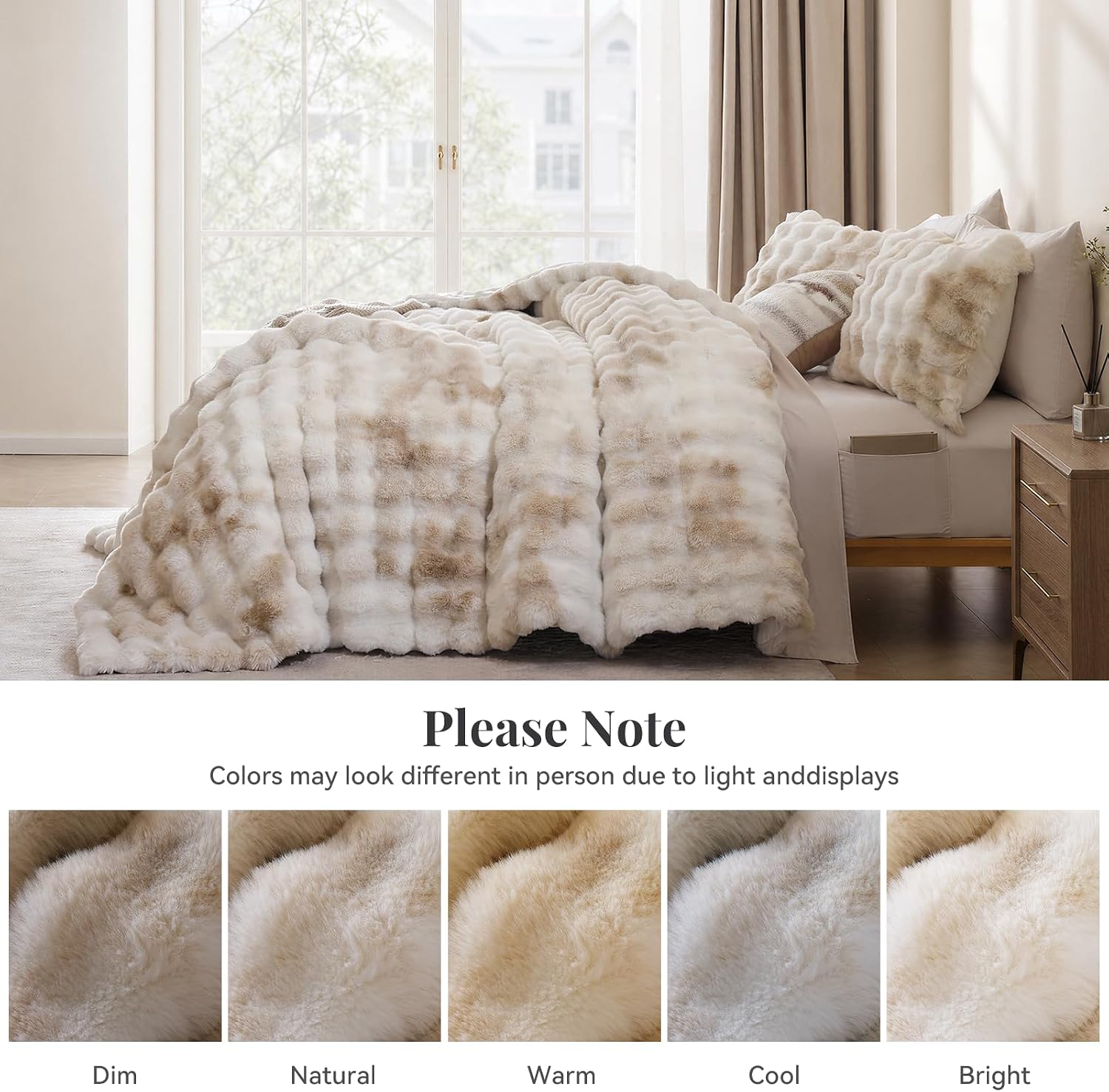 weigelia Faux Rabbit Fur Fluffy Comforter Set King - 7 Piece Bed in a Bag