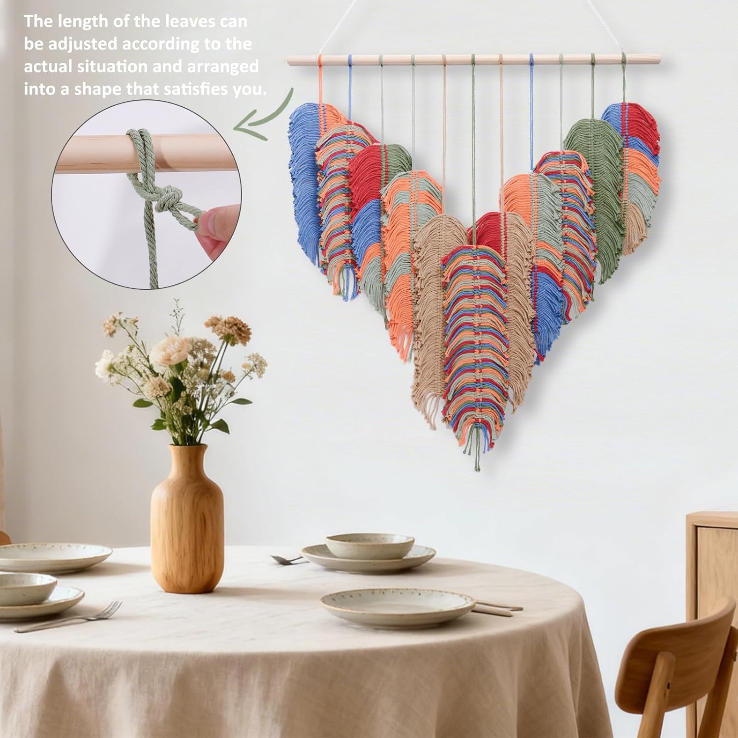 Large Macrame Wall Hanging - 31" X 36" Boho Colorful Tapestry Handmade Woven, Moroccan Style Heart-Shaped Wall Tassel Vintage Tapestries Hangings for Bedroom, Red Orange Blue Bohemian Wall Decor