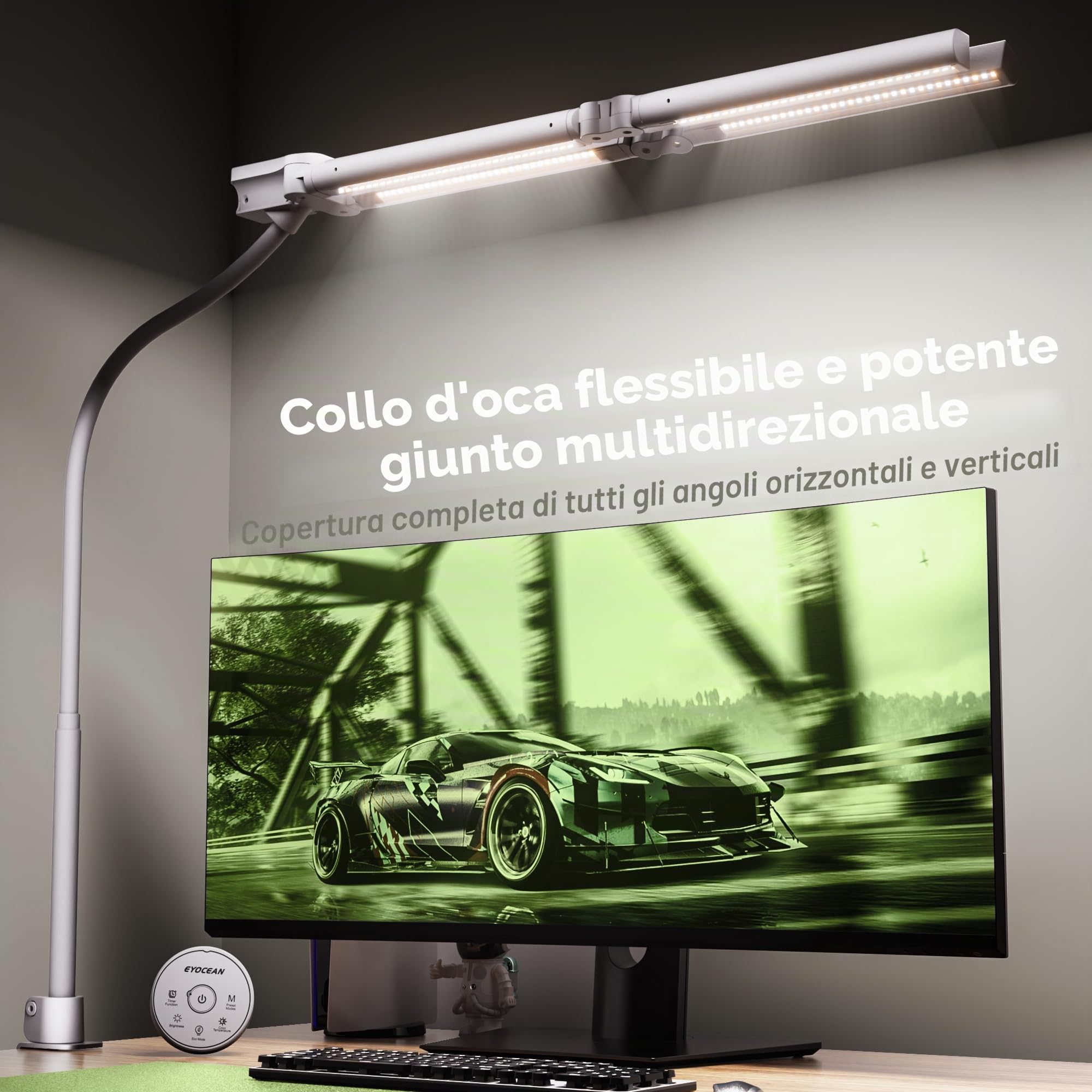 EYOCEAN Lampada da scrivania, lampada da scrivania con 4 sorgenti luminose, 24 W, 100 cm, luce diurna da scrivania con telecomando, lampada da monitor dimmerabile, a collo di cigno, lampada da tavolo